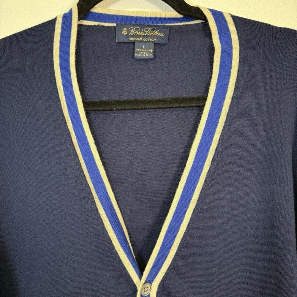 Brooks Brothers Button Up Color Block Cardigan Navy Blue Large Quiet Luxury